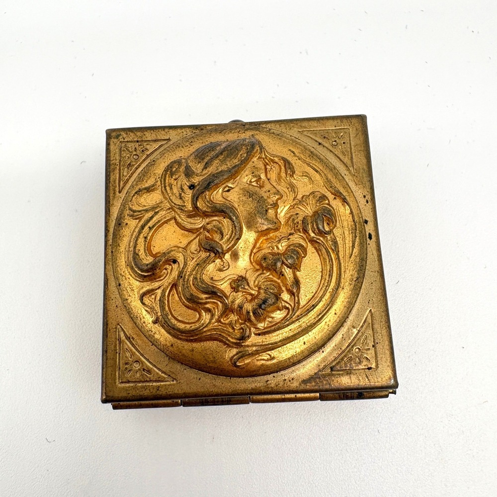 Antique Art Nouveau Brass Compact Repousse Woman Portrait Vanity Pill Box Case